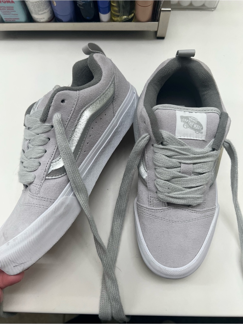 Vans Light Gray Suede Sneakers with Metallic Silver Knu Skool women’s size 8